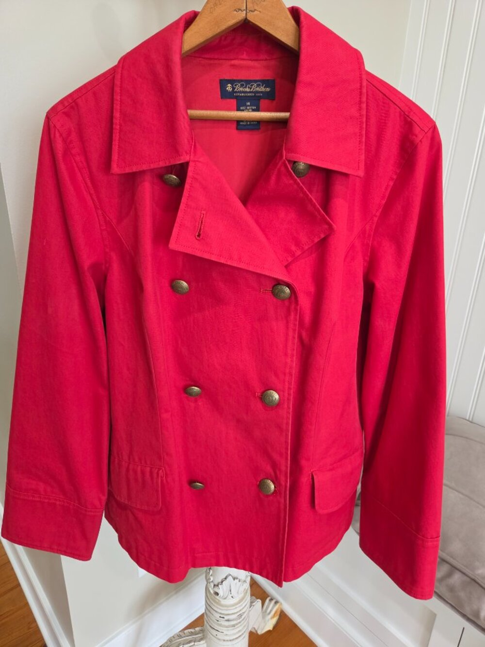 Women’s Brooks Brothers Jacket Coat Sz 14 Red Double Breasted Short Trench Coat